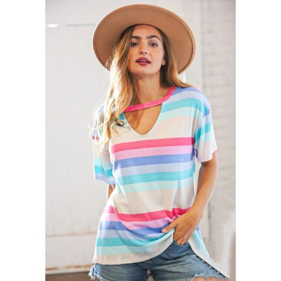 Fuchsia Blue Multi Color Stripe Key Hole Top - Picture 4 of 7